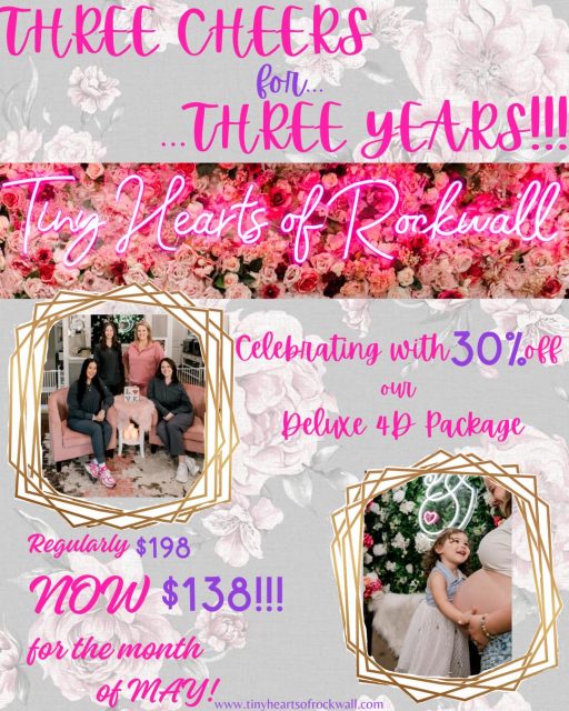 There’s still a few days left in May to celebrate our Three Year Anniversary with us by booking a 4D Deluxe package at 30% off! Enjoy a $60 discount with the code ANNIVERSARY on our website www.tinyheartsofrockwall.com.  #thorstudio #UltrasoundExperience #threecheersforthreeyears #fromthewombtotheworld #anniversarycelebration #momssupportingmoms