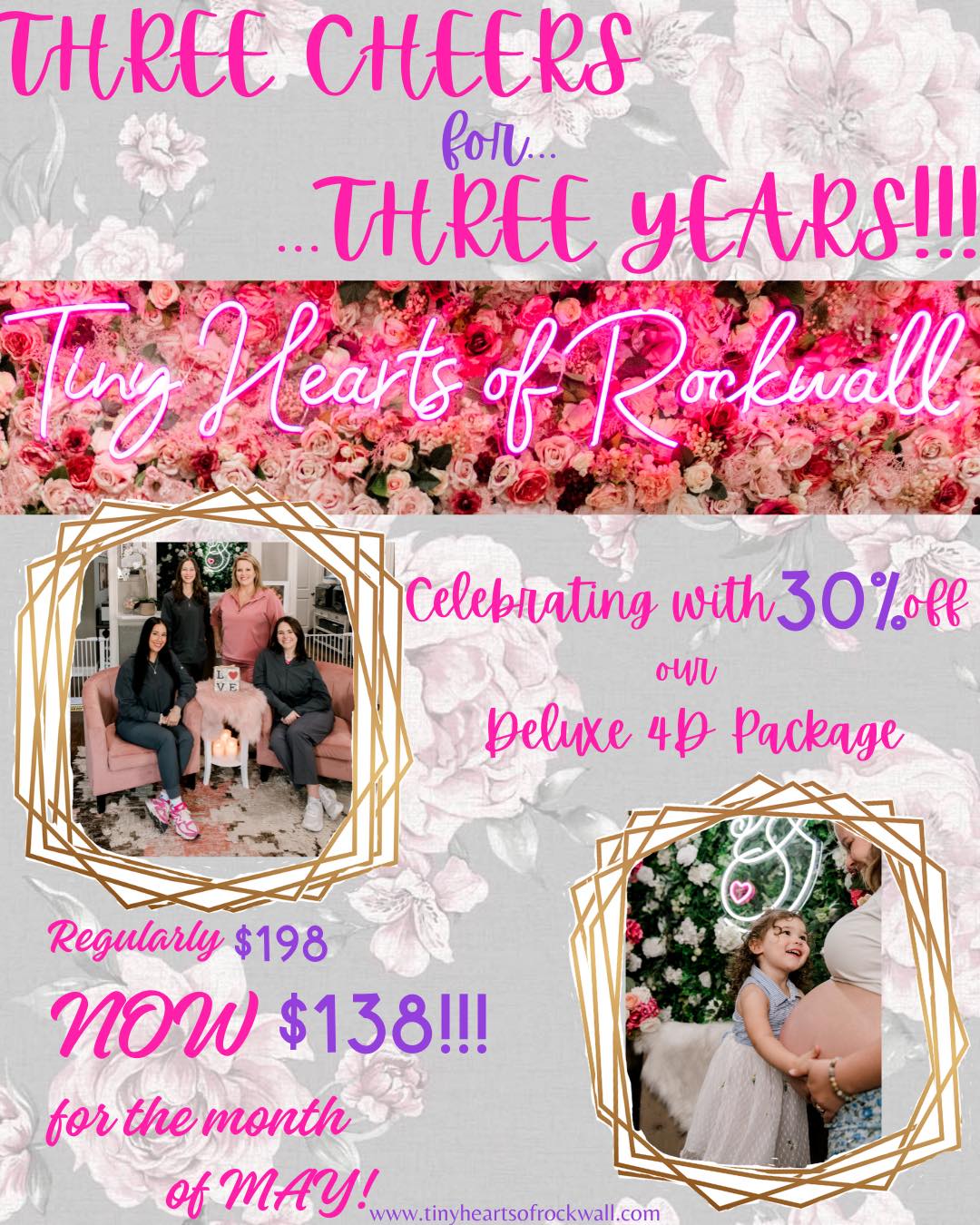 There’s still a few days left in May to celebrate our Three Year Anniversary with us by booking a 4D Deluxe package at 30% off! Enjoy a $60 discount with the code ANNIVERSARY on our website www.tinyheartsofrockwall.com.  #thorstudio #UltrasoundExperience #threecheersforthreeyears #fromthewombtotheworld #anniversarycelebration #momssupportingmoms